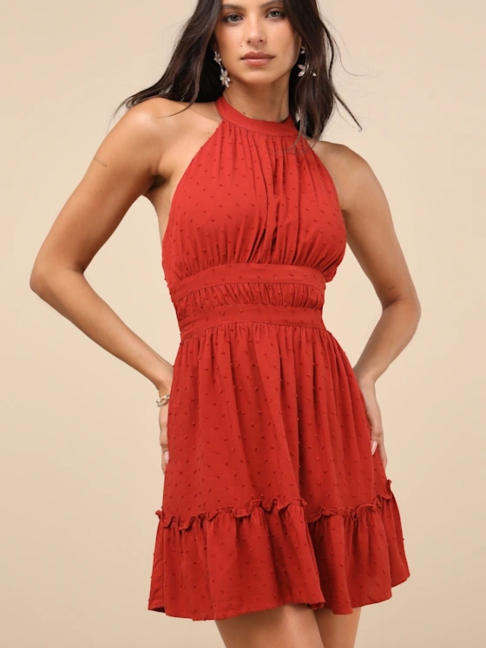 Zahia Rust Red Swiss Dot Ruffled Halter Mini Dress - Large